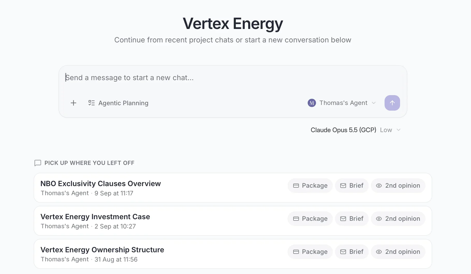 Mindro project space for a sample mandate: start a new chat with an agent, choose the model, and pick up recent project chats such as an investment case and an ownership structure